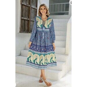 R. Vioimos Women's Floral Peacock Tasseled Bohemian Maxi Dress XL V Neck